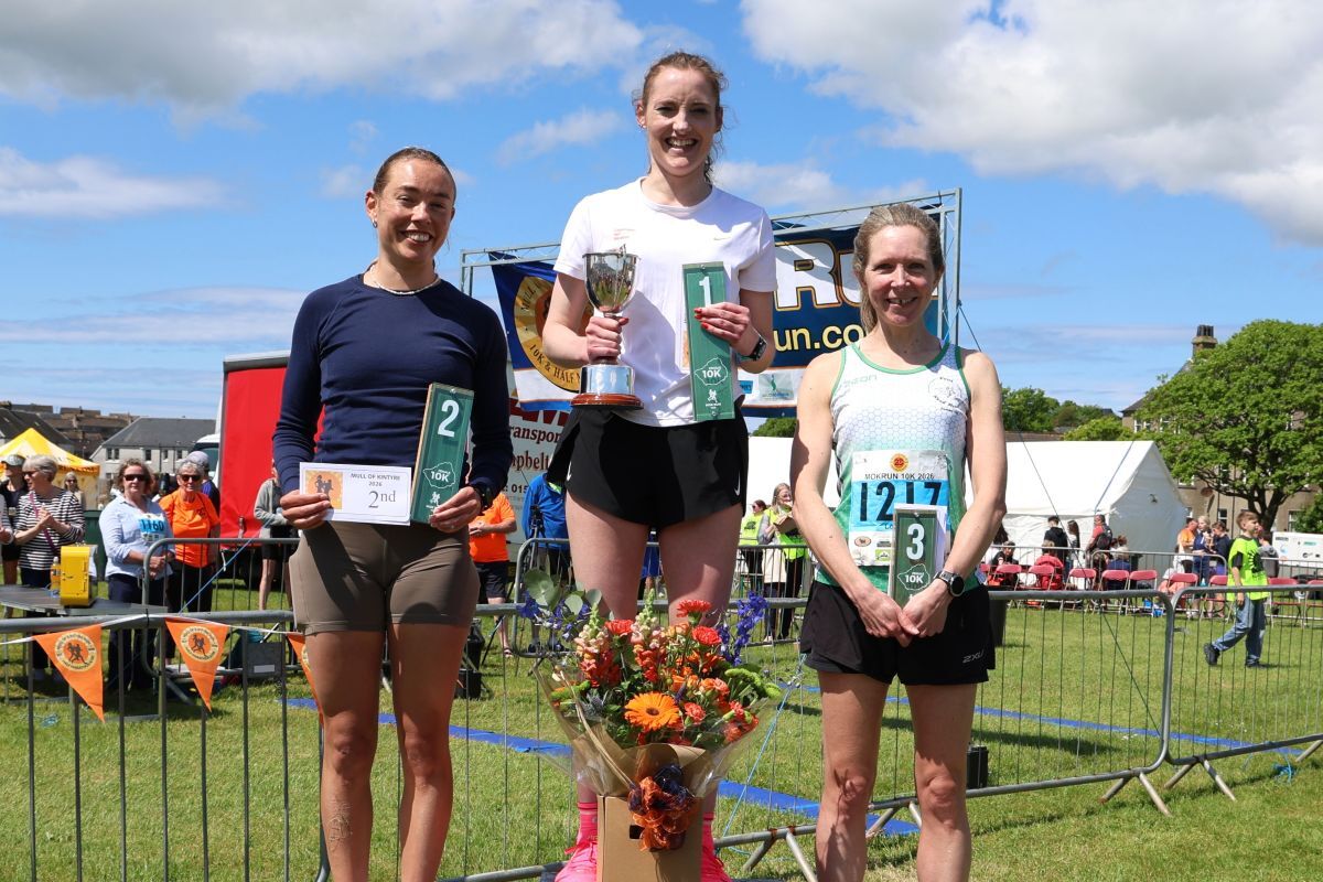 Ladies’ 10k race winner Mairi Littleson, centre, with runner-up Rebecca Forgesson, left, and third-placed Jennifer Martin, right. Photograph: Kenny Craig.