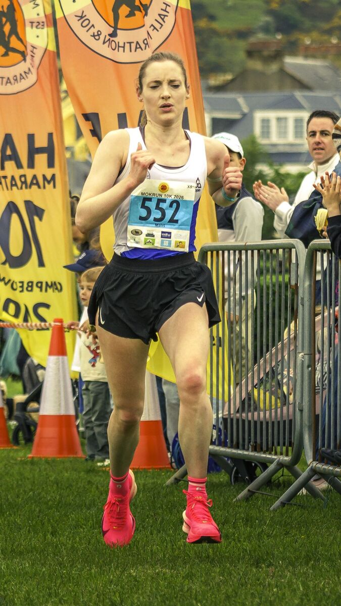 Ladies’ 10k winner Mairi Littleson heads for the finish line. Photograph: John Coffield.