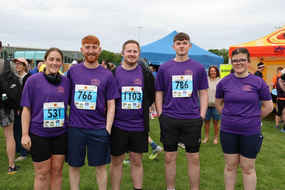 Jessica Ronald, Charles Turner, Andrew Millar, Cameron Ralston and Caryn Kerr were among the 12 members of Campbeltown Young Farmers Club who completed the 10k in support of the Sands charity. Photograph: Kenny Craig.