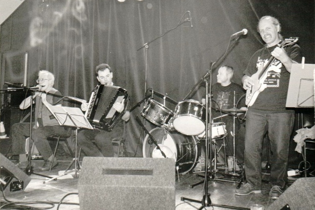 The Kilbride Ceilidh band, comprising Joe Tricket, Gavin Pllu, Malcolm Kerr and Terry Stevens, performing at the Arran Folk Festival.