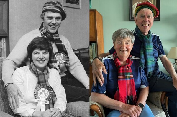 Then and now: Angus and Valerie Nimmo pictured in 1982 before their first World Cup adventure in Spain and ahead of this week&rsquo;s trip to the United States to support Scotland at the World Cup 44 years later.