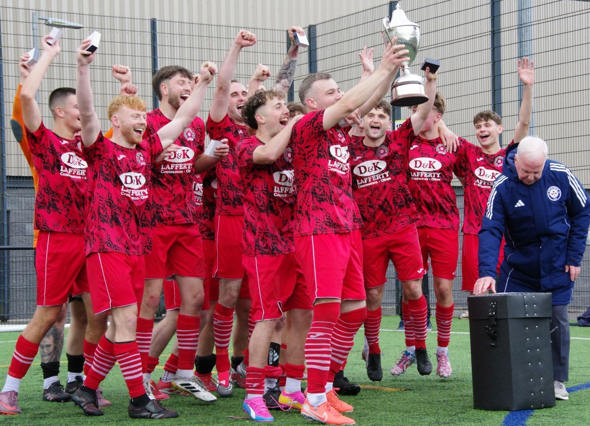 Scott Maitland lifts the Premiership league trophy. Photograph: Derek Black