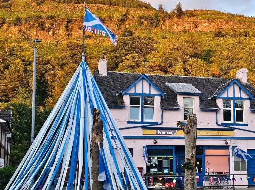 The blue and white maypole ribbons are still flying for Scotland. Photograph: Julie 