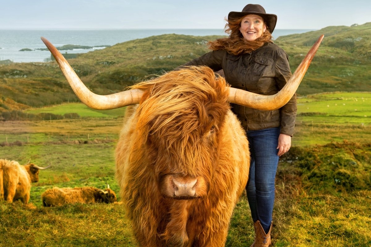 Fiona Ross on the croft with one of her beloved Highland cows.