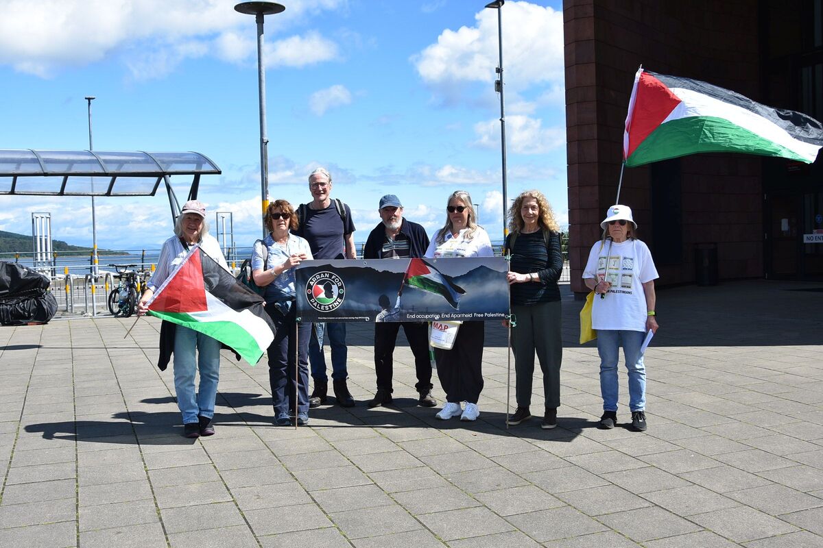A small contingent of Arran for Palestine supporters gathered at Brodick ferry terminal to raise awareness and to fundraise for Medical Aid for Palestinians.