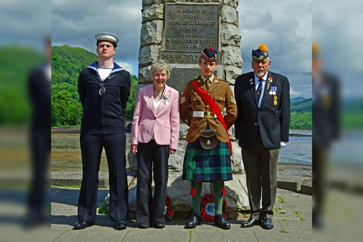 Navy Able Cadet Tyler Mitchell, Lord-Lieutenant Jane MacLeod, Cadet Staff Sergeant Sam Leanan and veteran Ian Campbell. Photograph: Andrew Sinclair