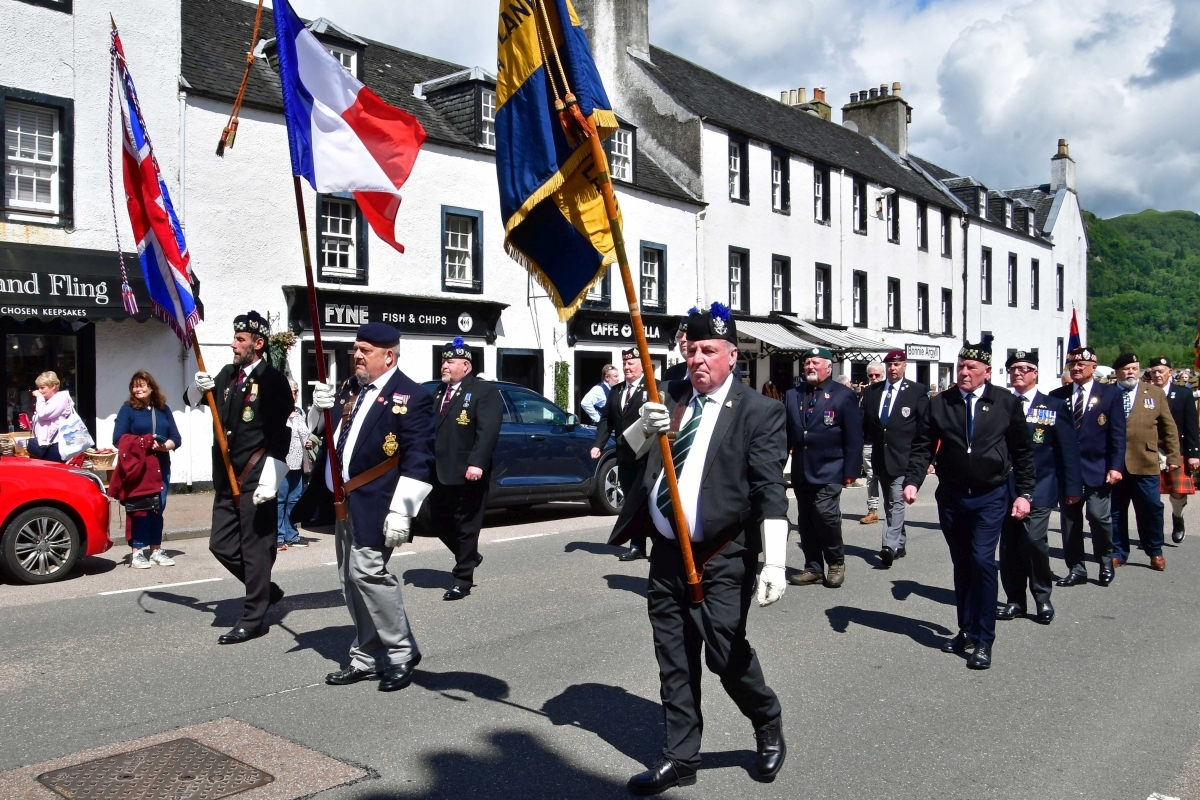 Inveraray and District branch of the Royal British Legion Scotland and veterans march through Inveraray on Armed Forces Day. Photograph: Andrew Sinclair