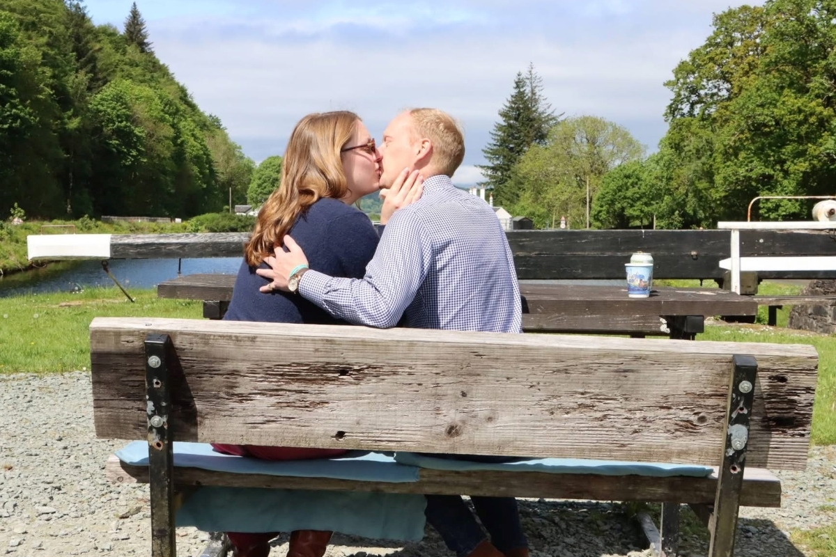 Virginia Etchells and James Minshall seal their engagement with a kiss. Photograph: Danielle Freaney Virginia Etchells and James Minshall seal their engagement with a kiss. Photograph: Danielle Freaney