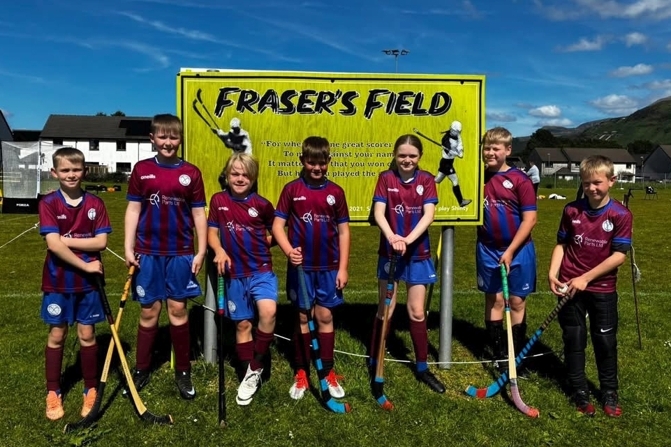 Kilmory and Dunadd Camanachd's P7 and under players in Fort William. Photograph: Kilmory and Dunadd Camanachd