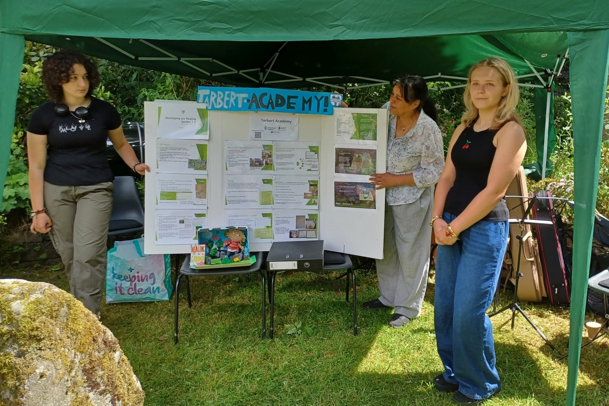 Dr Yasmin Bailey, centre, brought Tarbert Academy S2's award-winning design project to develop the gardens to the 20th anniversary celebrations. Photograph: Dr James Paterson