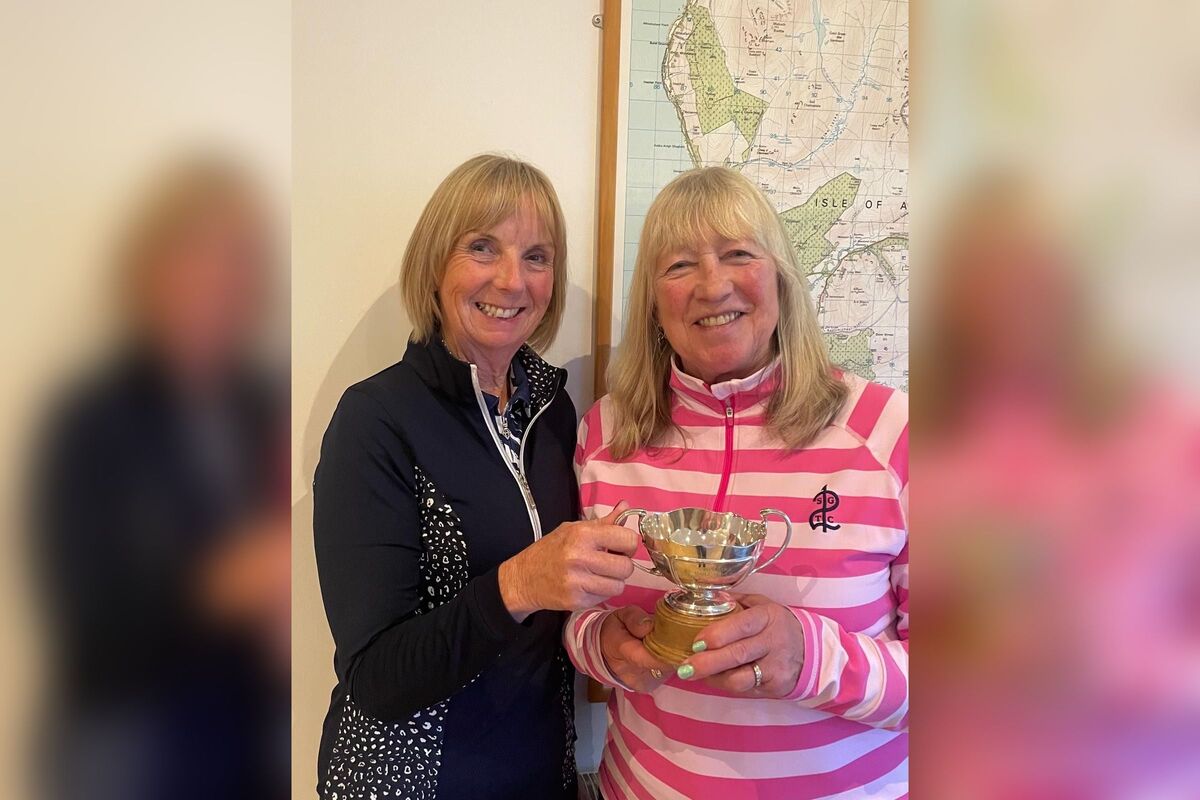 Shiskine Golf Club captain Alice Anderson presents Ann May with the Nancy McCutcheon Trophy. Photograph: SGTC. Shiskine Golf Club captain Alice Anderson presents Ann May with the Nancy McCutcheon Trophy. Photograph: SGTC.