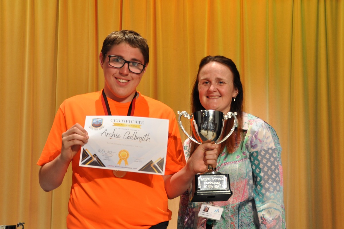 Archie Galbraith was presented with the trophy for Active Schools Participant of the Year by head teacher Vicki Lockheart. 