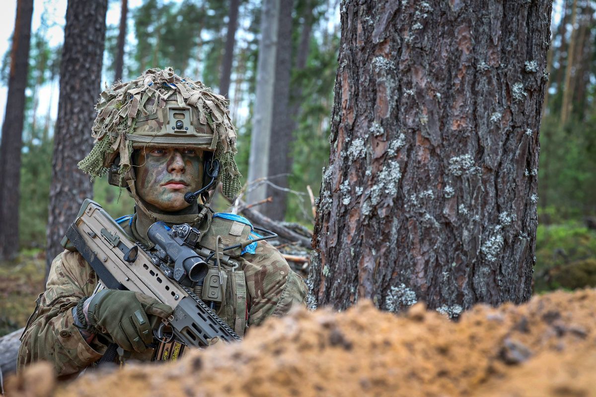 Fusilier Ruairidh Campbell taking part in Exercise Spring Storm in Estonia. Photograph: Crown Copyright 2026.