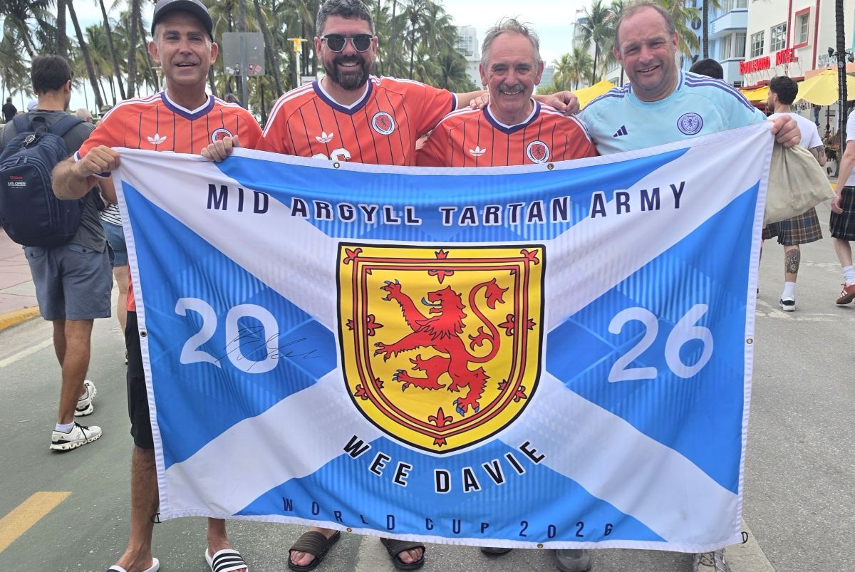Ian Aitken and Ewen MacDonald in Miami with Mid Argyll Tartan Army member Robert Baxter and Campbeltown resident Fergus Walker. Ian Aitken and Ewen MacDonald in Miami with Mid Argyll Tartan Army member Robert Baxter and Campbeltown resident Fergus Walker.