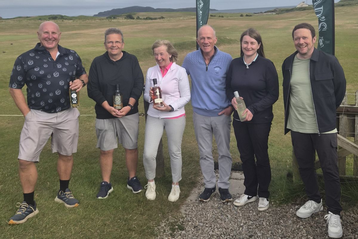 Pictured from left are Stevie Garrett (Gents Handicap), Allan Middleton (Gents Scratch), Maureen Johnstone (Ladies Handicap), Douglas Neilson (Club Captain), Laura McGeachy (Ladies Scratch), Cameron McGeachy ( Director of Sales - Cadenheads).
