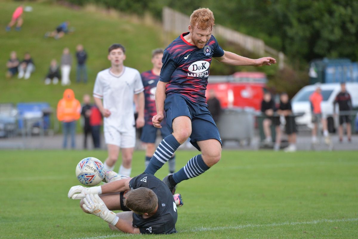 Connor Moore is denied by Fort keeper Ryan Hunter. Photograph: Derek Black.