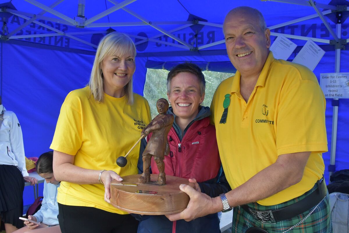 Ailsa Weir, Brodick Highland Games vice chair, and chair Donald McKelvie present Lynda Fenton with the Ormidale Trophy for outstanding contribution by a female competitor. Ailsa Weir, Brodick Highland Games vice chair, and chair Donald McKelvie present Lynda Fenton with the Ormidale Trophy for outstanding contribution by a female competitor.
