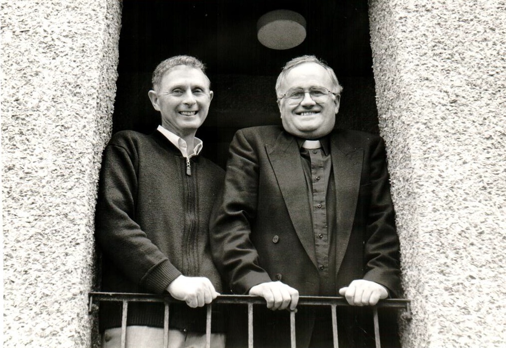 Priest at Church of the Holy Cross in Brodick, Father Shonnie MacAuley left to be the administrator at Oban Cathedral. On his left is his successor, Father Noel Colford from Glasgow. 