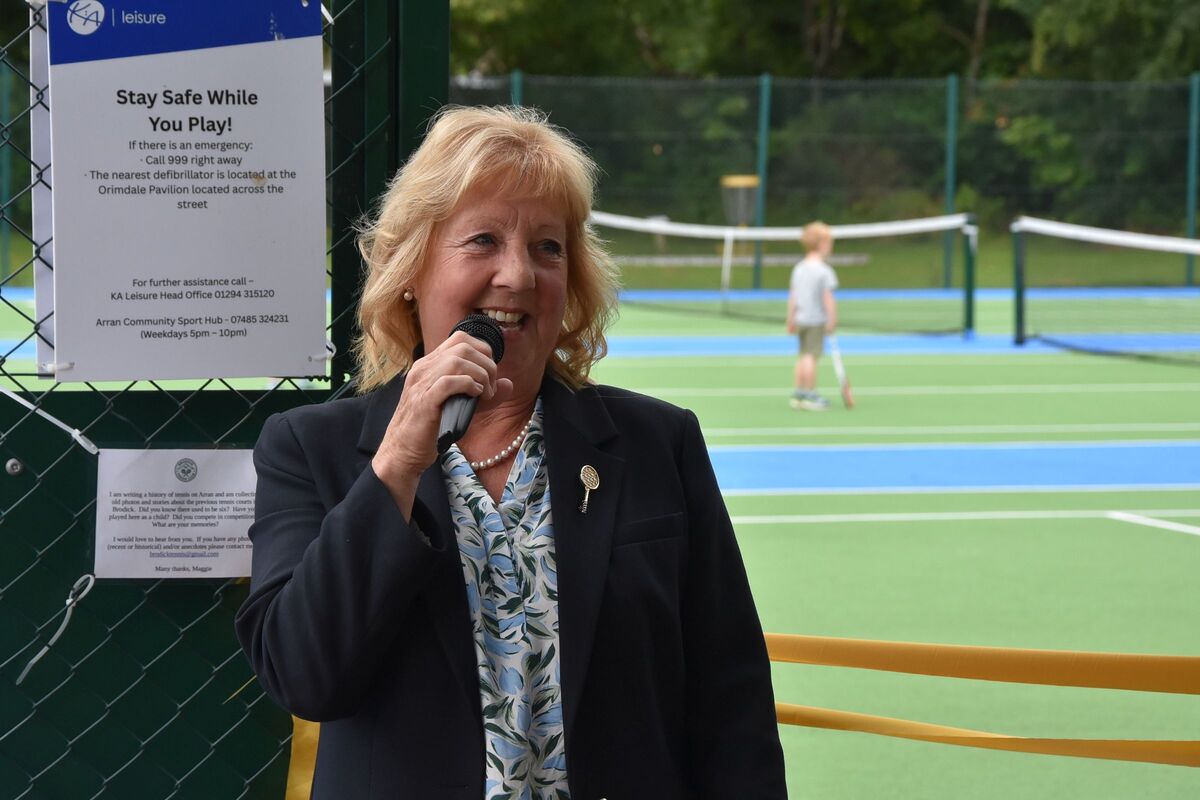 Rhona Alston, president of Tennis Scotland, congratulated Maggie Carson for establishing the club and for her efforts to restore the tennis courts in Brodick. Rhona Alston, president of Tennis Scotland, congratulated Maggie Carson for establishing the club and for her efforts to restore the tennis courts in Brodick.