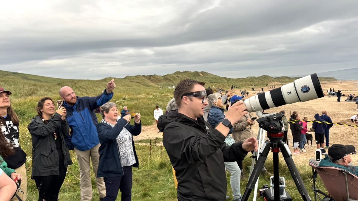 Eclipse-watchers gather at Westport Beach for the Kintyre and Gigha Night Sky Group’s public viewing event. Photograph: Keith Wilson.