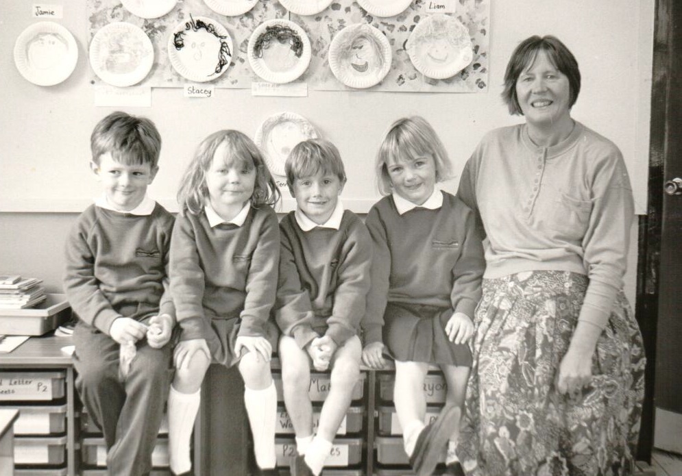 Shiskine Primary School’s new intake with Lillian Tod: Patrick McMaster, Jennifer Ingham, Jamie McClelland, and Eilidh Kerr.