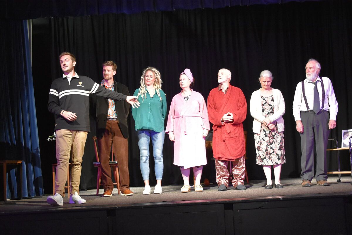 Compère and actor, James Mutch, with the cast of all three plays.