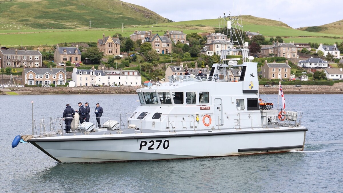 HMS Biter, the Archer-class Royal Navy patrol and training vessel, in Campbeltown Loch. 