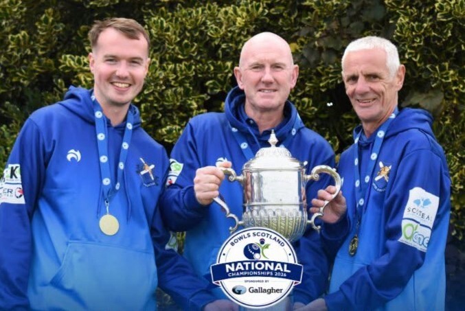 Craig Kerr, left, and Bobby Brown and Scott Allardyce of Quarter Bowling Club, winners of the 2026 Bowls Scotland National Championships gents triples title. Photograph: Bowls Scotland. Craig Kerr, left, and Bobby Brown and Scott Allardyce of Quarter Bowling Club, winners of the 2026 Bowls Scotland National Championships gents triples title. Photograph: Bowls Scotland.