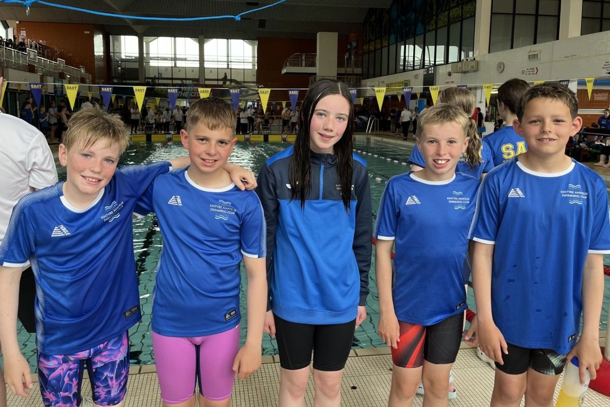 Representing Kintyre at the South Ayrshire Open Meet were, from left: Thomas Millar, Robbie Cox, Erika Bain, Jamie Burns and Archie McCorkindale. Representing Kintyre at the South Ayrshire Open Meet were, from left: Thomas Millar, Robbie Cox, Erika Bain, Jamie Burns and Archie McCorkindale.