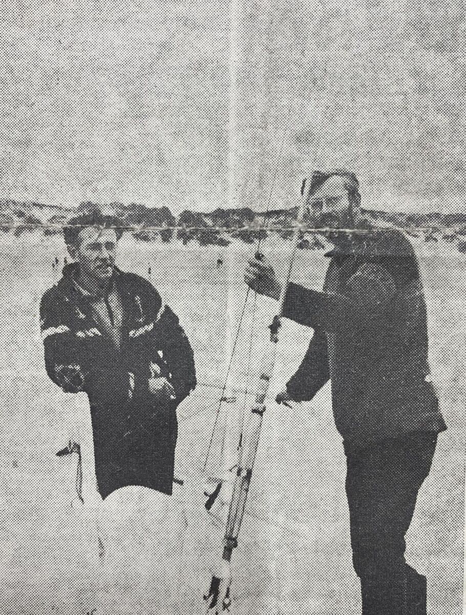 1966: Looking quite pleased with life after their successful crossing are George Cooper, left, and Philip Patterson. This picture was taken on board the Oomiak at anchor in Dunaverty Bay.