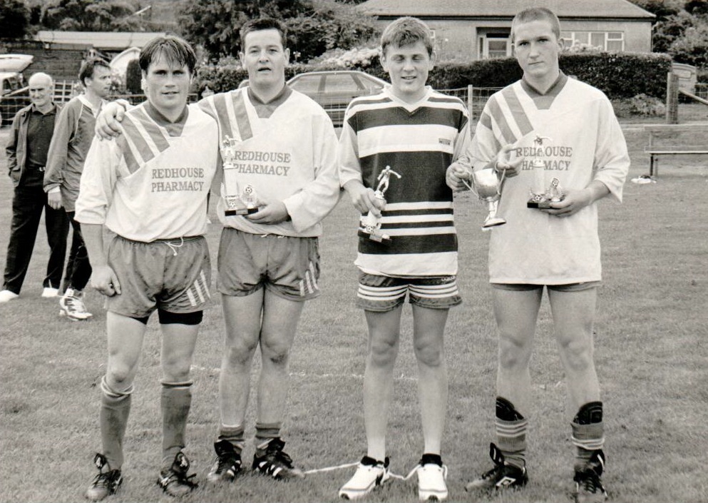 Joint Arran League footballers of the year were Jamie MacPherson, Adi (Donald) Adamson and Jimmy Morrison (not pictured.) Sharing the young footballer of the year trophy were Gregor Small and Ian Cook. Joint Arran League footballers of the year were Jamie MacPherson, Adi (Donald) Adamson and Jimmy Morrison (not pictured.) Sharing the young footballer of the year trophy were Gregor Small and Ian Cook.