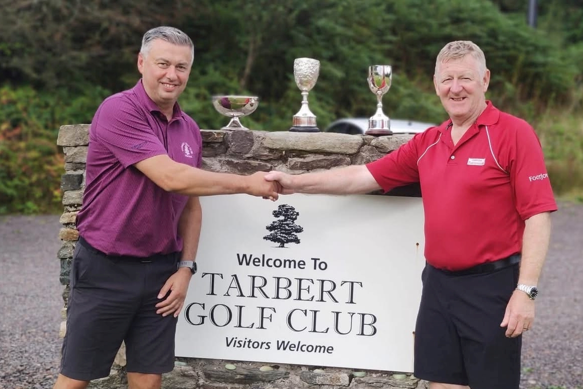 Senior championship, Sam Andrews Challenge Cup and Archie Black Net trophies winner Bruce MacNab, right, and club Captain Andrew Henderson. Photograph: Tarbert Golf Club Senior championship, Sam Andrews Challenge Cup and Archie Black Net trophies winner Bruce MacNab, right, and club Captain Andrew Henderson. Photograph: Tarbert Golf Club