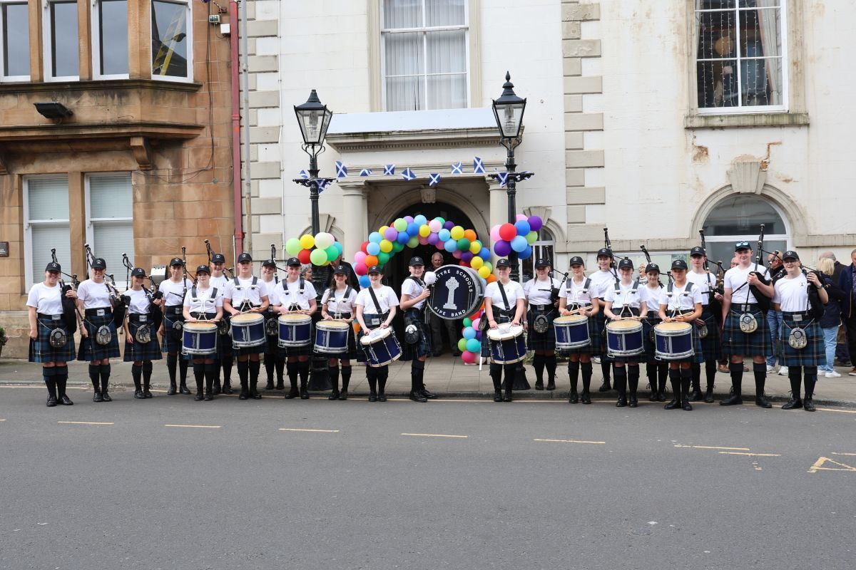 Kintyre Schools Pipe Band opened Saturday afternoon’s festival activities – one of several appearances by the young musicians during MOK Fest. Photograph: Kenny Craig.