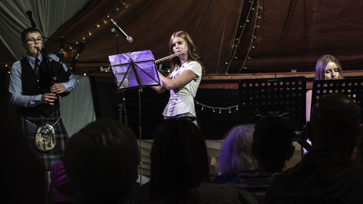 Piper Arran Brown, flautist Taylor McMillan and keyboard player Ailie Renton entertained the Young Folk Night audience. Photograph: John Coffield. 